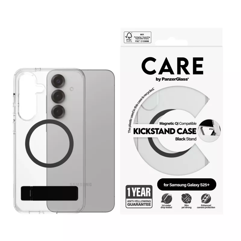 PanzerGlass CARE™ by ® cover trasparente con supporto nero e compatibile Qi Samsung Galaxy S25+