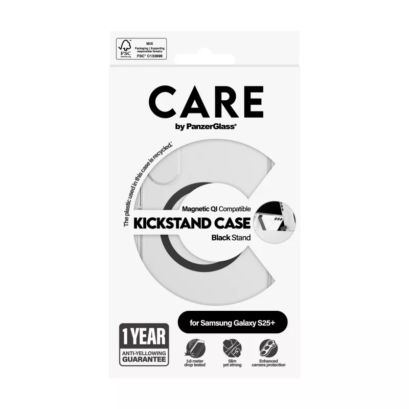 PanzerGlass CARE™ by ® cover trasparente con supporto nero e compatibile Qi Samsung Galaxy S25+