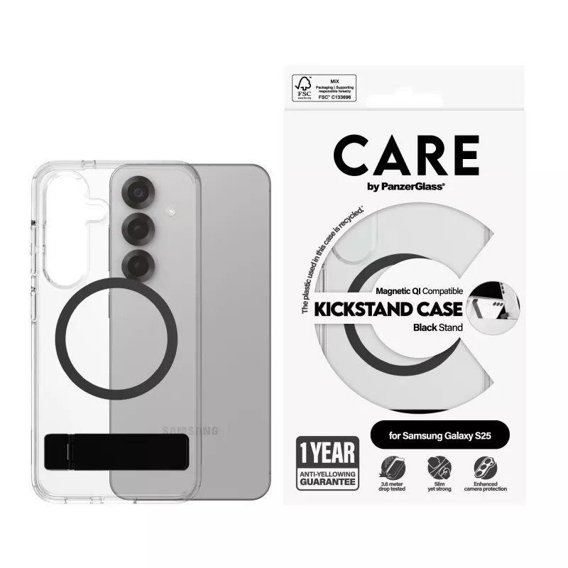 PanzerGlass CARE™ by ® cover trasparente con kickstand nero e compatibile Qi Samsung Galaxy S25