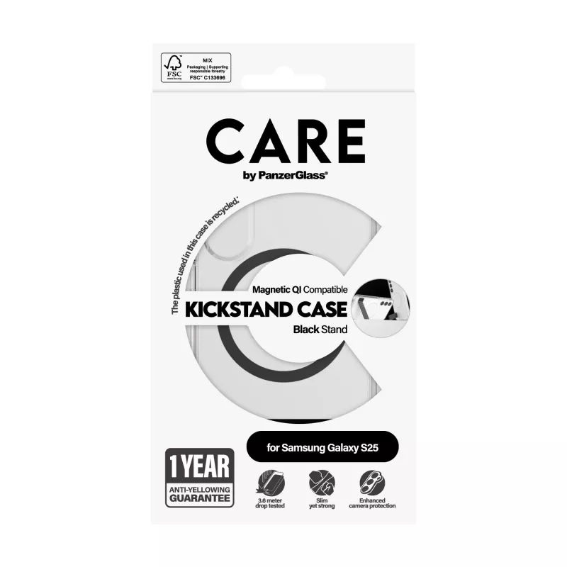 PanzerGlass CARE™ by ® cover trasparente con kickstand nero e compatibile Qi Samsung Galaxy S25