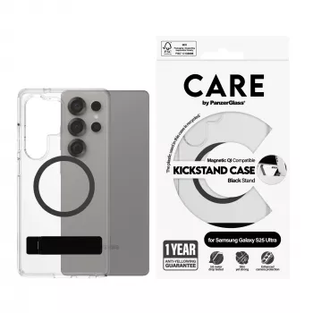 “PanzerGlass CARE™” by ”®” cover trasparente con supporto nero e compatibile Qi “Samsung Galaxy S25 Ultra”