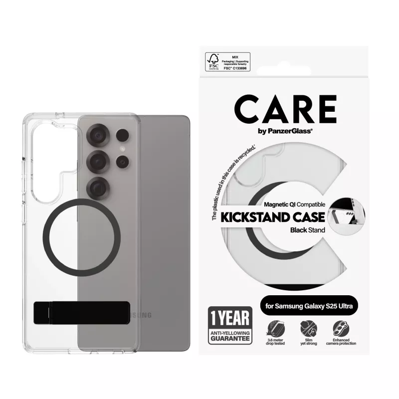 “PanzerGlass CARE™” by ”®” cover trasparente con supporto nero e compatibile Qi “Samsung Galaxy S25 Ultra”