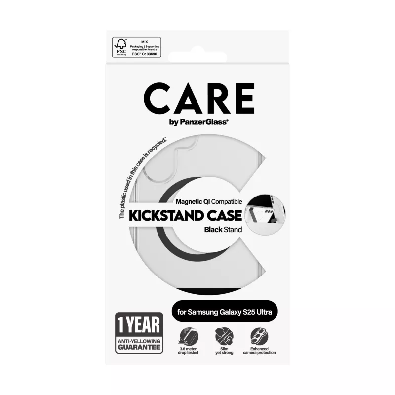“PanzerGlass CARE™” by ”®” cover trasparente con supporto nero e compatibile Qi “Samsung Galaxy S25 Ultra”