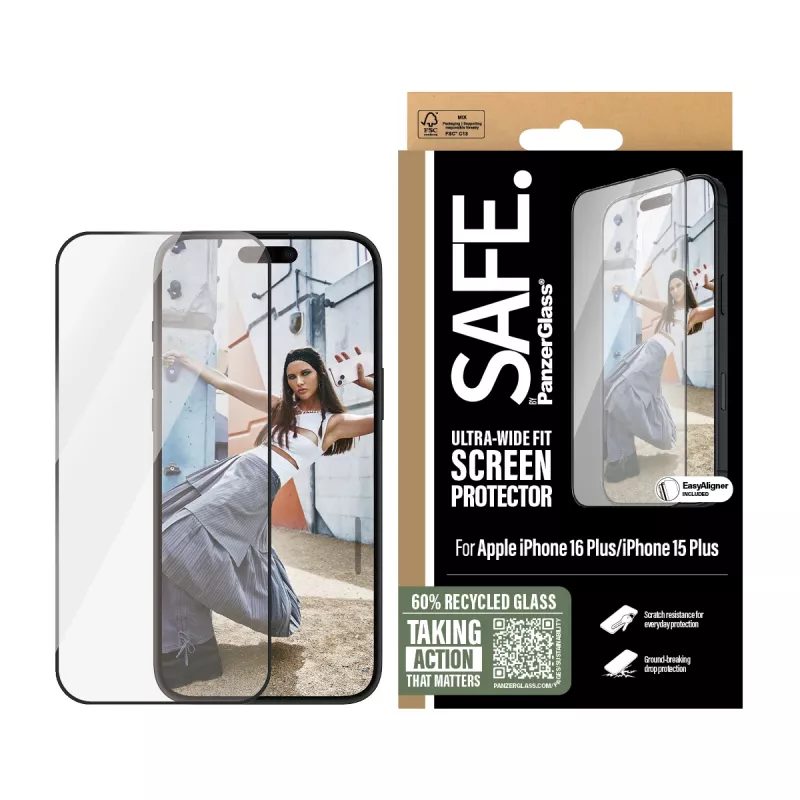 PanzerGlass SAFE. by ® Protezione schermo con cornice nera iPhone 16 Plus | 15 Plus | Ultra-Wide Fit