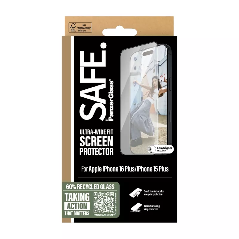 PanzerGlass SAFE. by ® Protezione schermo con cornice nera iPhone 16 Plus | 15 Plus | Ultra-Wide Fit