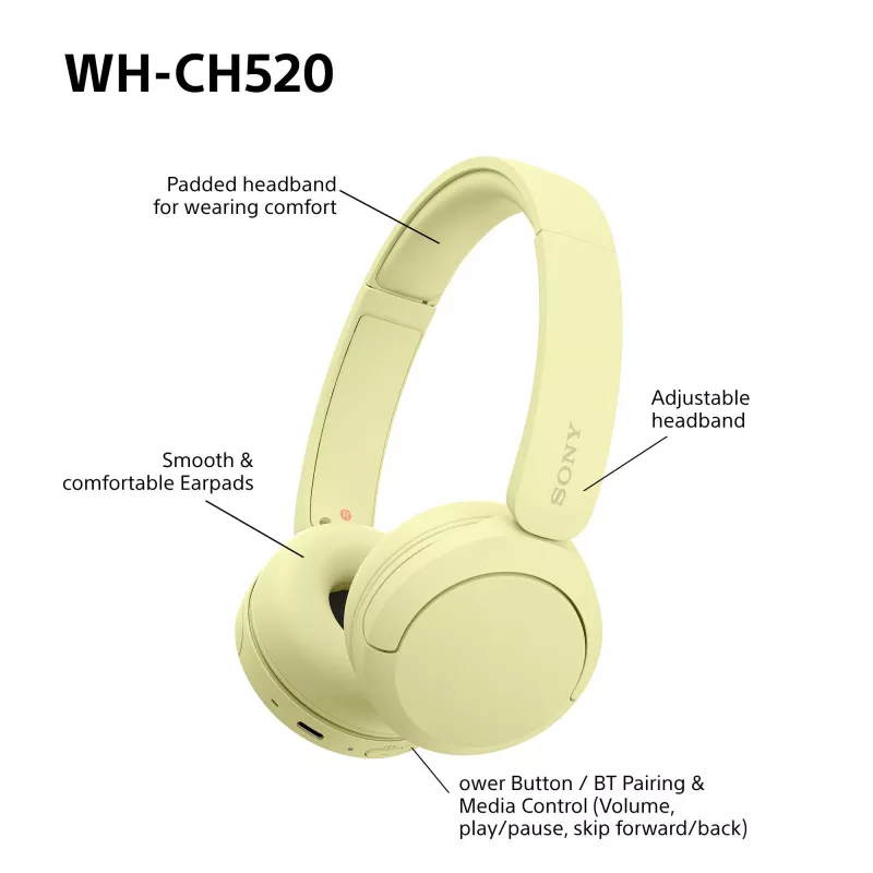 Sony WHCH520Y.CE7, wireless, chiamate/musica, 20 - 20000 Hz, 147 g, headset, giallo