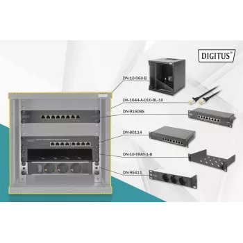 DIGITUS bundle di rete 10in - armadio 6HE nero ripiano PDU switch 8 porte patch panel CAT6