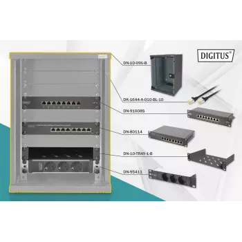 DIGITUS bundle di rete 10in incl. armadio 9U nero ripiano PDU switch 8 porte patch panel CAT6