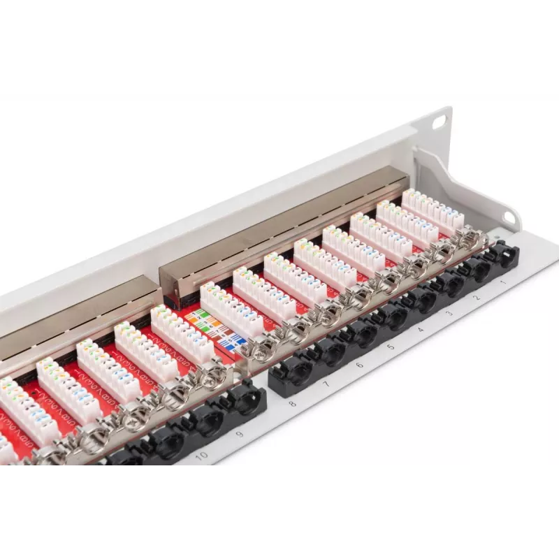 Patch panel DIGITUS DN-91624S-EA da 19 pollici, CAT6A classe EA, schermato, 24 porte RJ45, LSA, 1U, grigio chiaro RAL 7035