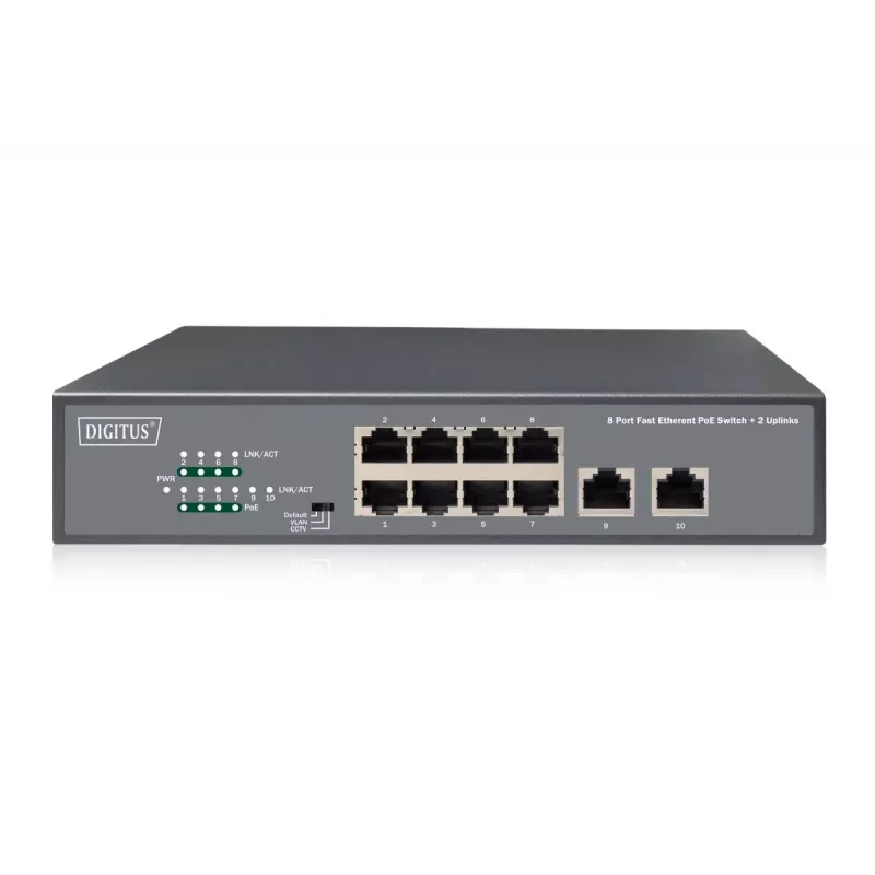 DIGITUS Switch Fast Ethernet PoE af/at 8 porte + 2 uplink budget PoE 120W, montaggio a rack