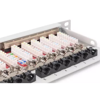 DIGITUS Patch Panel CAT6A EA schermato, 24 porte RJ45 protezione antipolvere, 8P8C, 0,5U, grigio RAL 7035