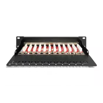 DIGITUS Patch Panel CAT6A, schermato, 12 porte campo di etichettatura, 1U, montaggio rack 10 pollici, nero RAL 9005