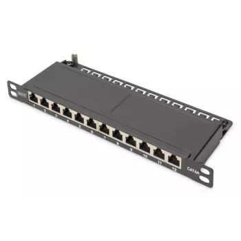 DIGITUS Patch Panel CAT6A, schermato, 12 porte, 1/2U, installazione rack 10 pollici, nero RAL 9005