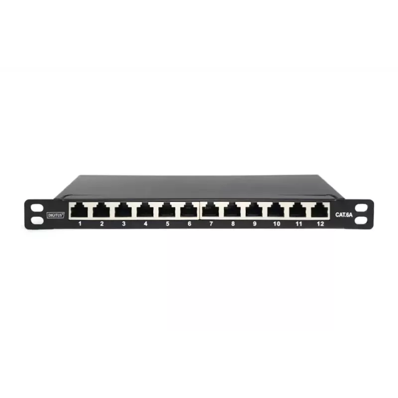 DIGITUS Patch Panel CAT6A, schermato, 12 porte, 1/2U, installazione rack 10 pollici, nero RAL 9005