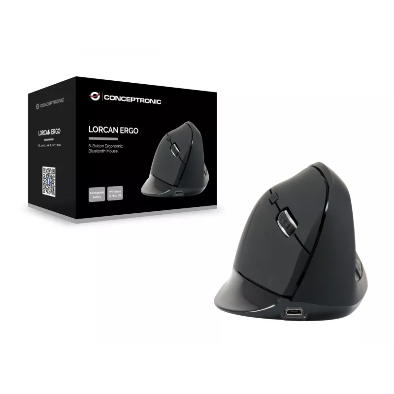 Conceptronic LORCAN ERGO Mouse ergonomico Bluetooth a 6 tasti, per destrimani, design verticale, ottico, Bluetooth, 1600 DPI, nero