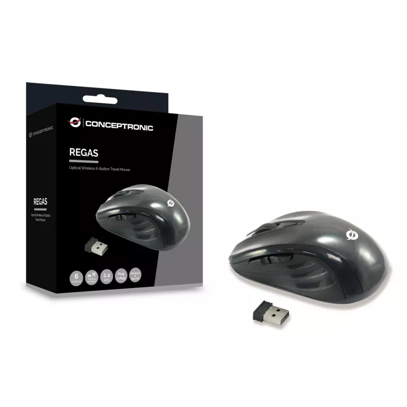 Conceptronic CLLM5BTRVWL Mouse da viaggio wireless a 6 tasti, per destrimani, ottico, RF wireless, 1600 DPI, nero