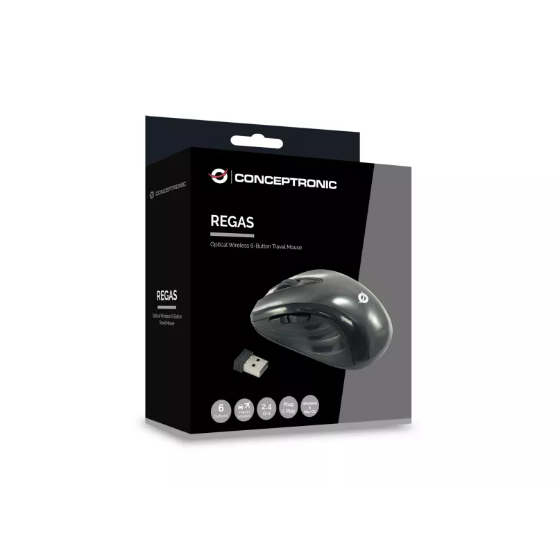 Conceptronic CLLM5BTRVWL Mouse da viaggio wireless a 6 tasti, per destrimani, ottico, RF wireless, 1600 DPI, nero
