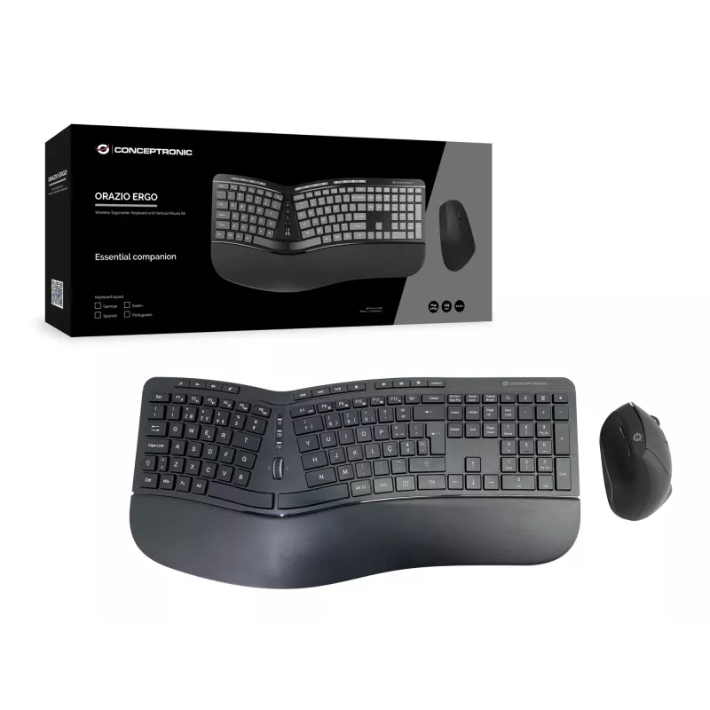 Conceptronic ORAZIO ERGO Set tastiera e mouse ergonomico wireless, layout portoghese