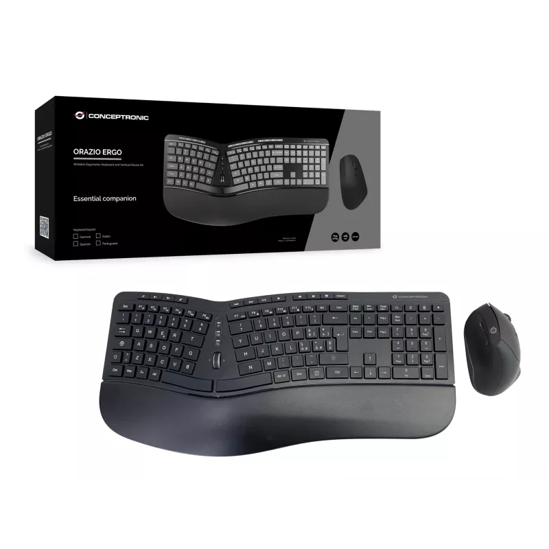 Conceptronic ORAZIO ERGO Kit tastiera e mouse ergonomico wireless, layout italiano