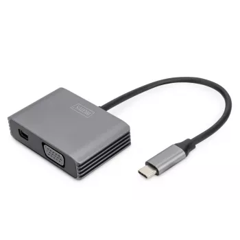 DIGITUS Adattatore USB-C - mini DP + VGA, 20 cm 4K/30Hz, argento, case in alluminio