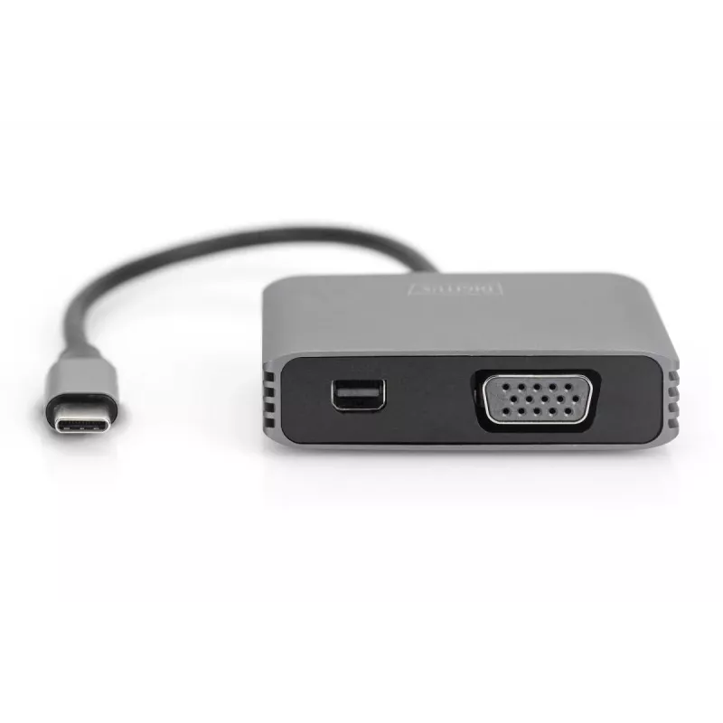DIGITUS Adattatore USB-C - mini DP + VGA, 20 cm 4K/30Hz, argento, case in alluminio