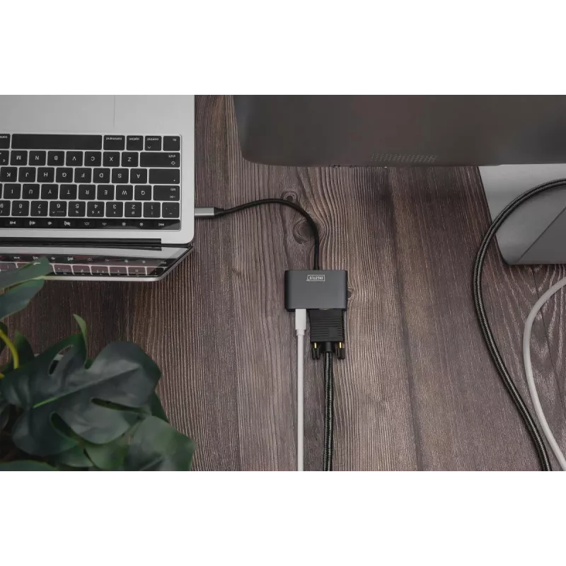 DIGITUS Adattatore USB-C - mini DP + VGA, 20 cm 4K/30Hz, argento, case in alluminio