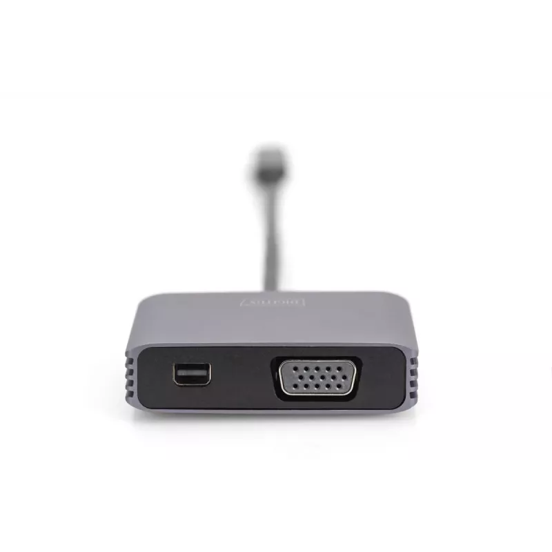 DIGITUS Adattatore USB-C - mini DP + VGA, 20 cm 4K/30Hz, argento, case in alluminio