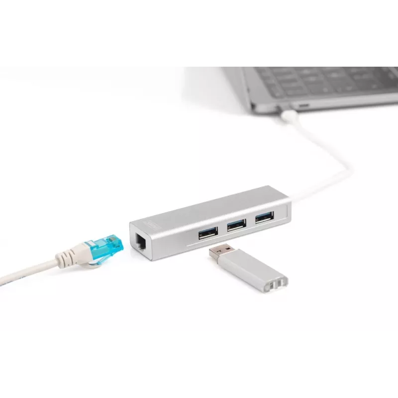 DIGITUS Hub USB 3.0 Type-C 3 porte con Gigabit Ethernet 3x USB A/F,1xUSB C/M,1x RJ45 LAN