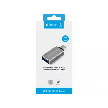 Sandberg Dongle USB-C a USB 3.0, USB 3.2 Gen 1 (3.1 Gen 1) Type-C, USB 3.2 Gen 1 (3.1 Gen 1) Type-A, Argento, Alluminio, 5 g, 80 mm