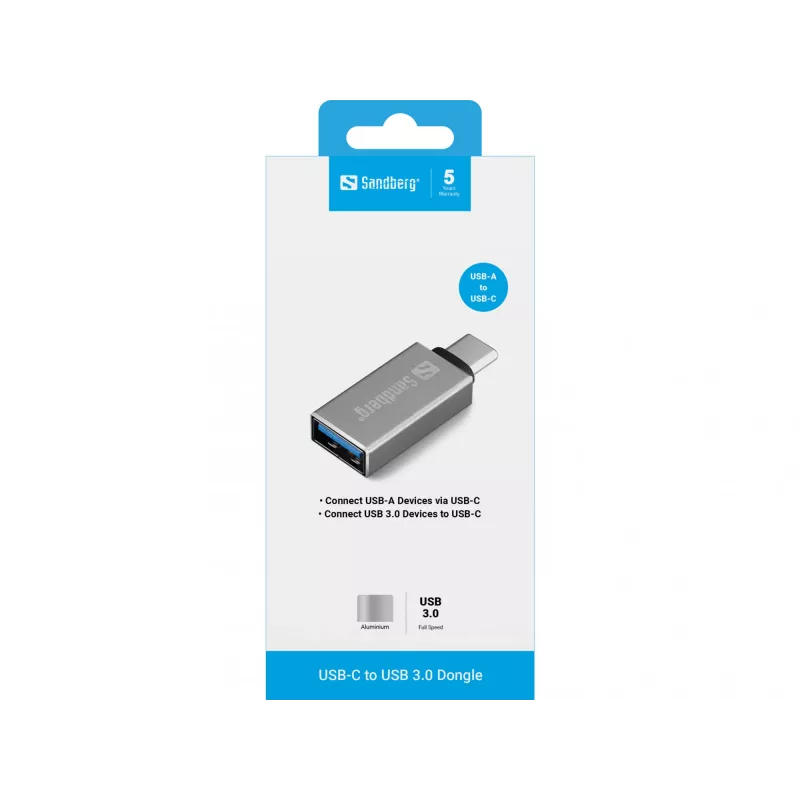 Sandberg Dongle USB-C a USB 3.0, USB 3.2 Gen 1 (3.1 Gen 1) Type-C, USB 3.2 Gen 1 (3.1 Gen 1) Type-A, Argento, Alluminio, 5 g, 80 mm