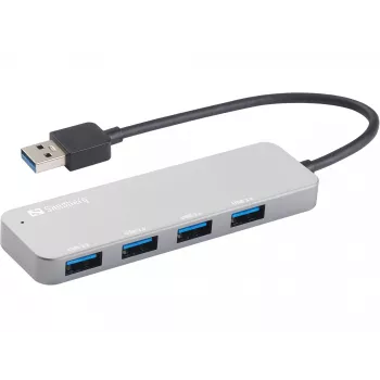 Sandberg Hub USB 3.0 4 Porte SAVER, USB 3.2 Gen 1 (3.1 Gen 1) Type-A, USB 3.2 Gen 1 (3.1 Gen 1) Type-A, 5000 Mbit/s, Argento, Alluminio, 40 g