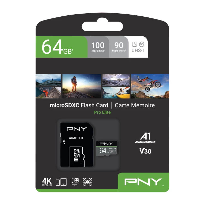 PNY Micro-SD Pro Elite 64 GB Class 10 UHS-I U3 A1 V30 adattatore SD