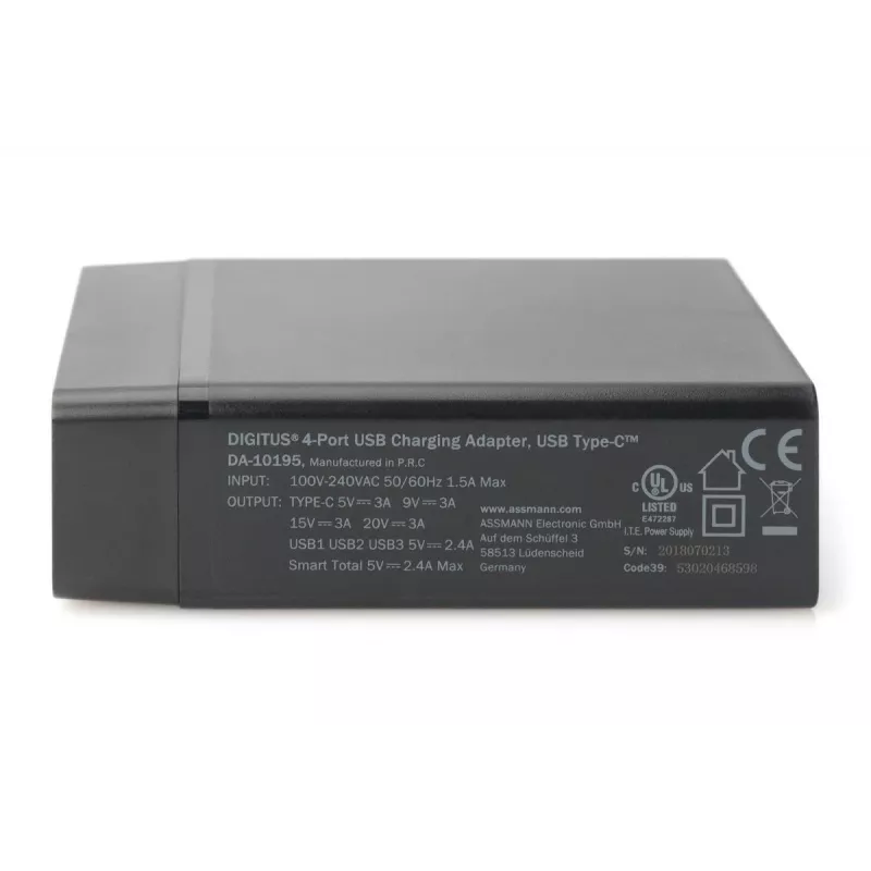 DIGITUS caricabatterie USB a 4 porte, 72 W 1x USB-C (PD) 5,9,15,20 V/3 A, 3x USB-A 5 V/2,4 A, nero