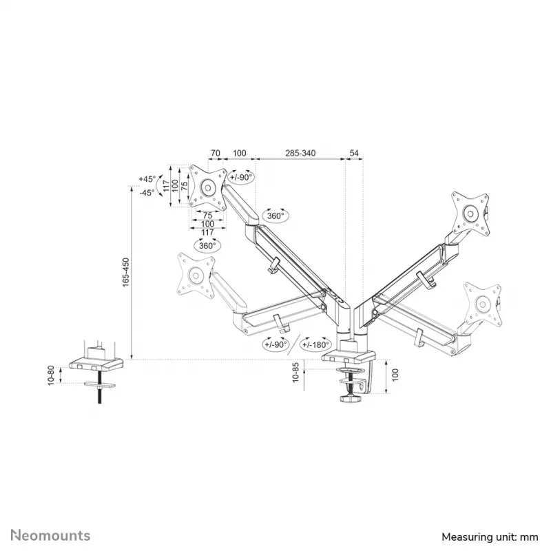 Braccio per monitor Neomounts DS70-810BL2 17-32 inch – a gas – salva spazio – stop a 180°