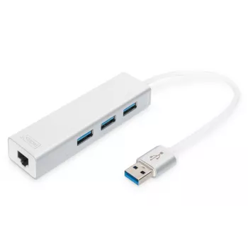 DIGITUS Hub USB 3.0 a 3 porte e adattatore Gigabit LAN 3xUSB A/F, 1xUSB A/M, 1xRJ45 LAN Supporta Windows e Mac OS