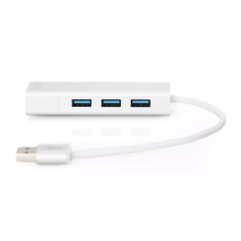 DIGITUS Hub USB 3.0 a 3 porte e adattatore Gigabit LAN 3xUSB A/F, 1xUSB A/M, 1xRJ45 LAN Supporta Windows e Mac OS