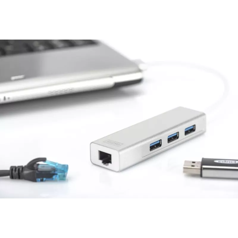 DIGITUS Hub USB 3.0 a 3 porte e adattatore Gigabit LAN 3xUSB A/F, 1xUSB A/M, 1xRJ45 LAN Supporta Windows e Mac OS