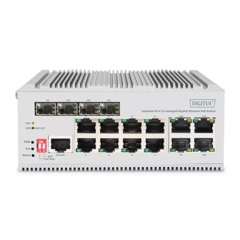 DIGITUS Switch di rete Gigabit Ethernet PoE - 8 porte industriale, L2 managed, 4 uplink SFP