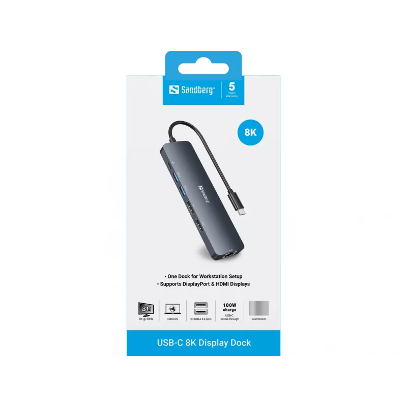 Dock display USB-C 8K Sandberg USB 3.2 Gen 1 Type-C 100W Power Delivery