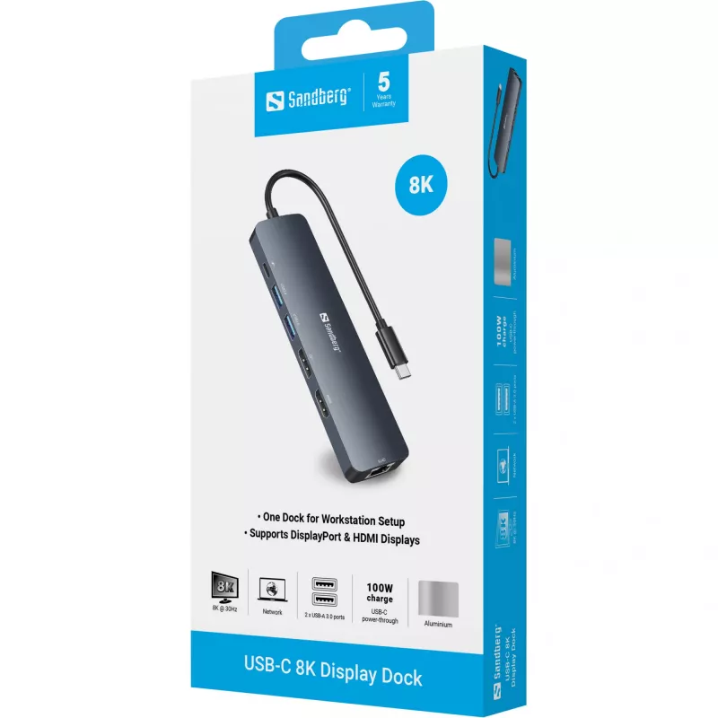 Dock display USB-C 8K Sandberg USB 3.2 Gen 1 Type-C 100W Power Delivery