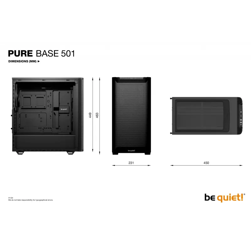 be quiet! PURE BASE 501 Airflow Window BGW74 case PC Midi Tower, ATX, finestra in vetro temperato, 2 ventole PWM da 140 mm, radiatore fino a 360 mm, 2x 3,5″ + 5x 2,5″, 2x USB 3.0, USB 3.2 Gen 2 Type-C, nero