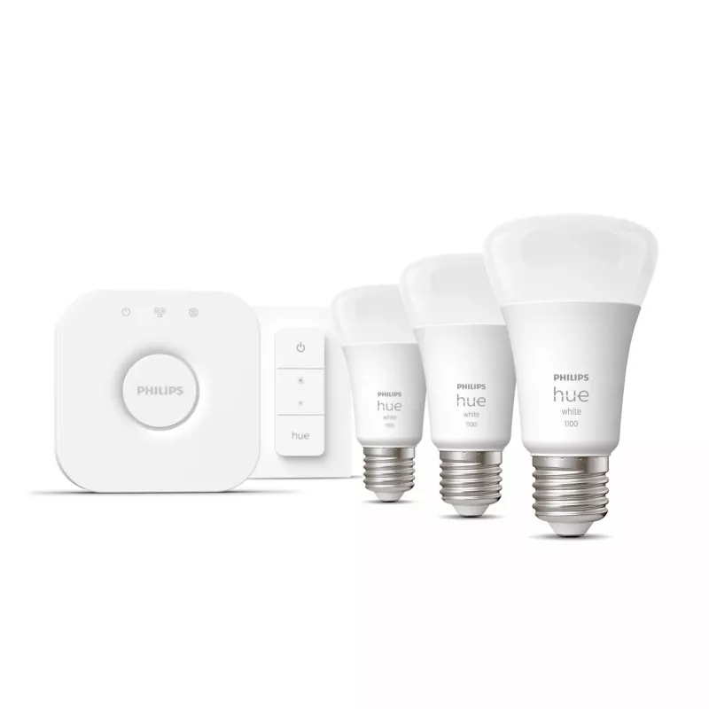 Philips Hue White Starterkit: 3 lampadine smart E27 (1100) + interruttore dimmer