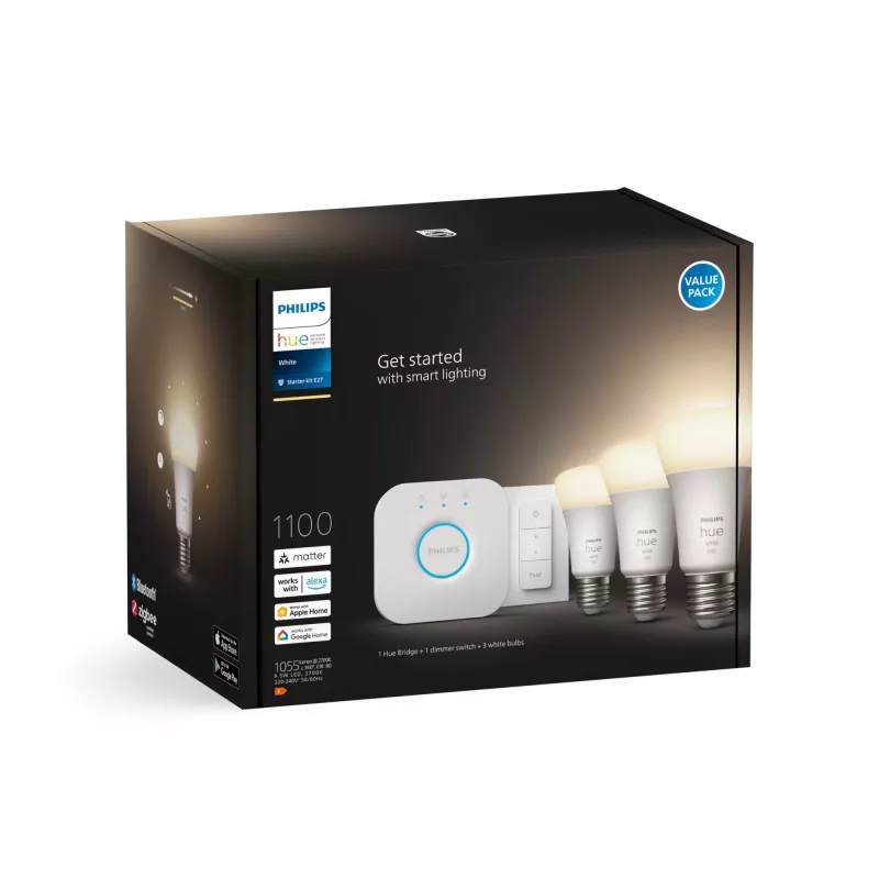 Philips Hue White Starterkit: 3 lampadine smart E27 (1100) + interruttore dimmer