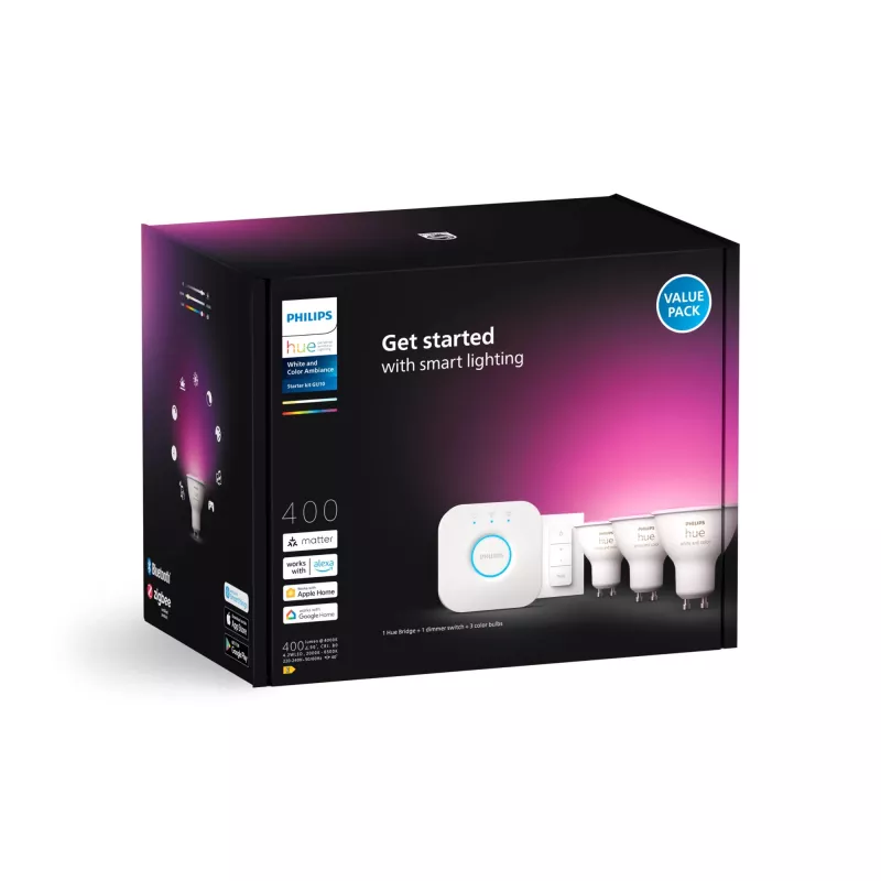 Philips Hue White and Colour Ambience Starter-Kit: 3 faretti smart GU10 + interruttore dimmer