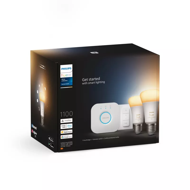 Philips Hue White Ambiance Starter-Set: 2 lampadine smart E27 (1100) + interruttore dimmer