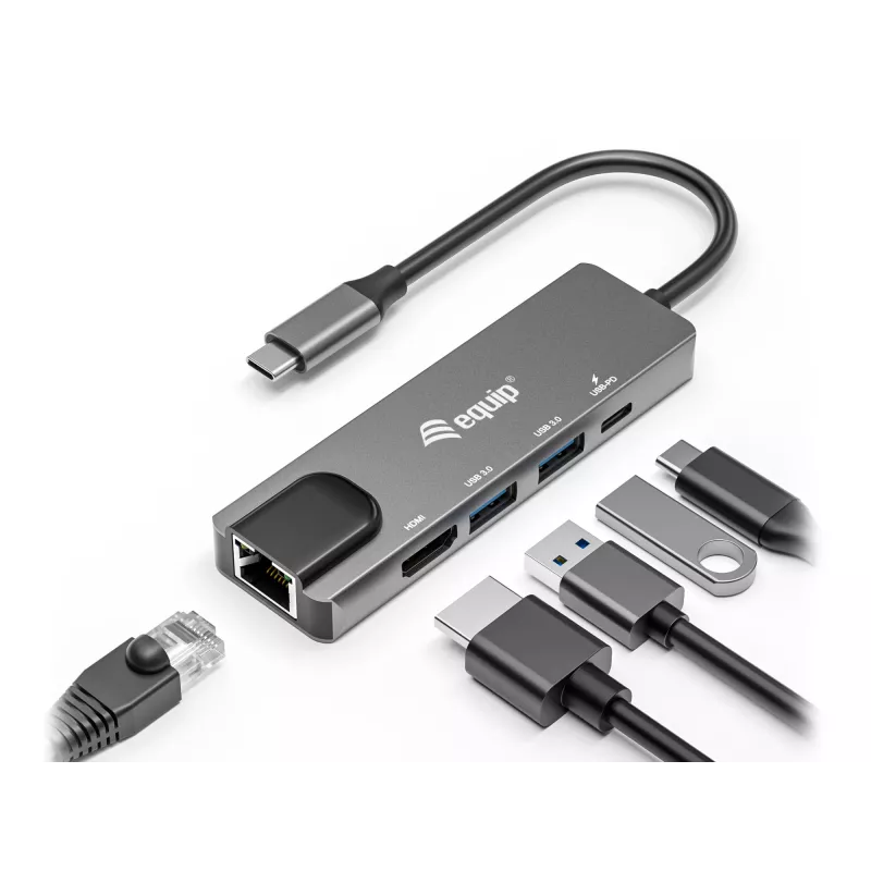 Equip adattatore multifunzione USB-C 5-in-1, HDMI, Gigabit-LAN, USB 3.2 Gen1, 100W USB PD