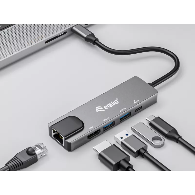 Equip adattatore multifunzione USB-C 5-in-1, HDMI, Gigabit-LAN, USB 3.2 Gen1, 100W USB PD