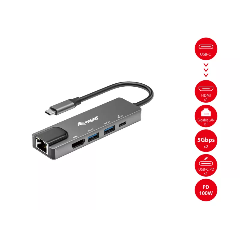 Equip adattatore multifunzione USB-C 5-in-1, HDMI, Gigabit-LAN, USB 3.2 Gen1, 100W USB PD