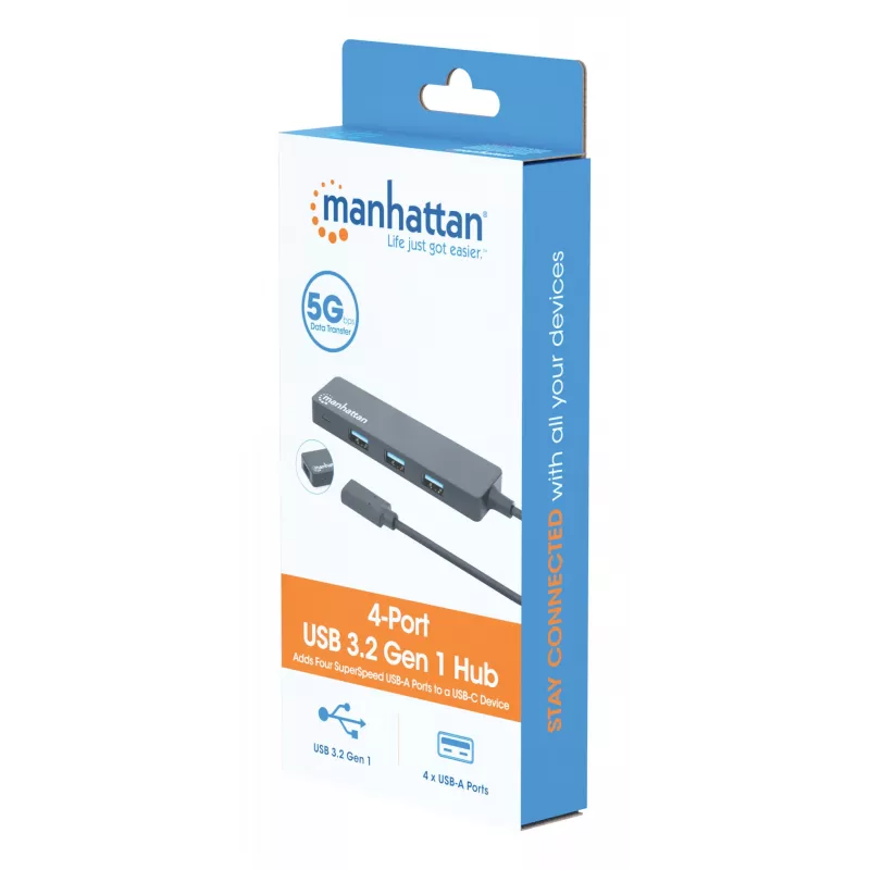 Dock/hub Manhattan USB-C, porte (4): USB-A (x4), 5 Gbps (USB 3.2 Gen1 noto anche come USB 3.0), alimentato via USB (nessun alimentatore esterno necessario), equivalente a HB30CM4AB