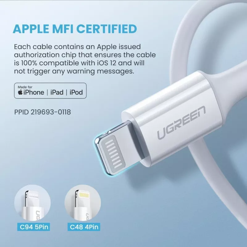 Ugreen 10493 cavo Lightning 1 m bianco